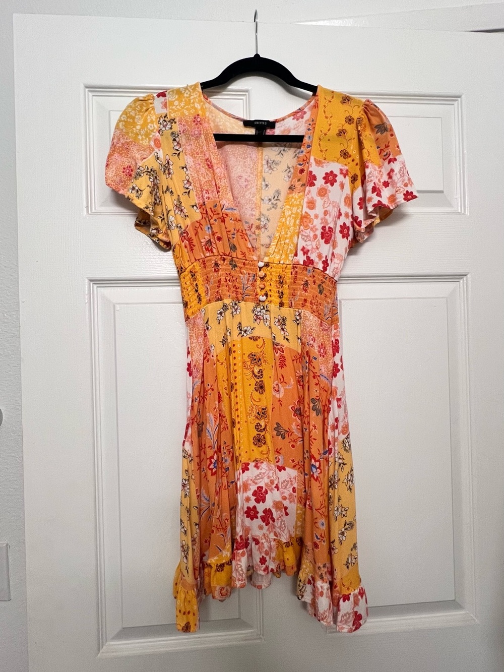 Forever 21 Yellow Patchwork Floral V-Neck Mini Dress